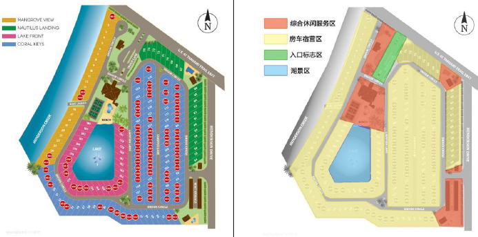 美國 MOTORCOACH RESORT 營地總體規劃(左)及功能分區圖(右)