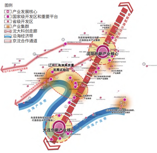 遼寧省“兩核兩區、雙軸多廊”的產業空間總體格局示意圖