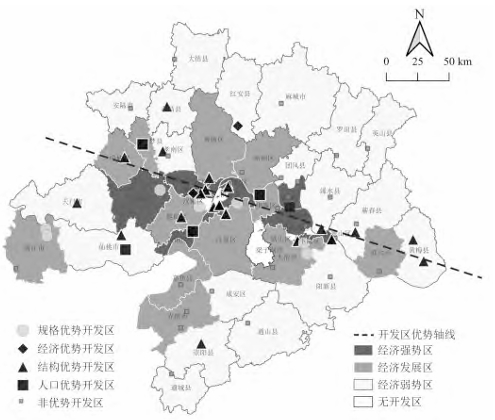 武漢城市圈開發區優勢特征與縣區經濟水平分布圖 武漢城市圈開發區優勢特征與縣區經濟水平分布圖